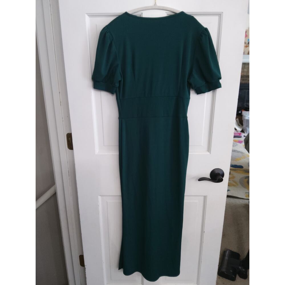 Retro glam emerald green pin up dress Sz S pleated faux pearl puff milk maid - Picture 6 of 6